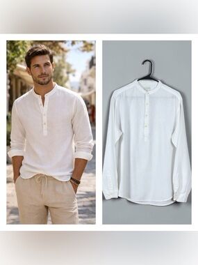 Marfinno Mens Button Up Shirt Size Medium Coastal Euro Summer Long Sleeve White